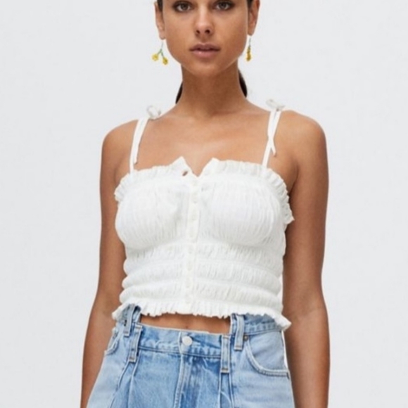 Urban Outfitters Tulla Smocked Crop Top White Tie Shoulder Medium - Picture 10 of 10